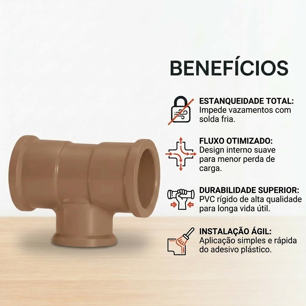 Tee Soldável Pvc Marrom 50mm Agua Fria Conexão Hidráulica Tubos Solda Fria Instalação Predial - Imagem 2