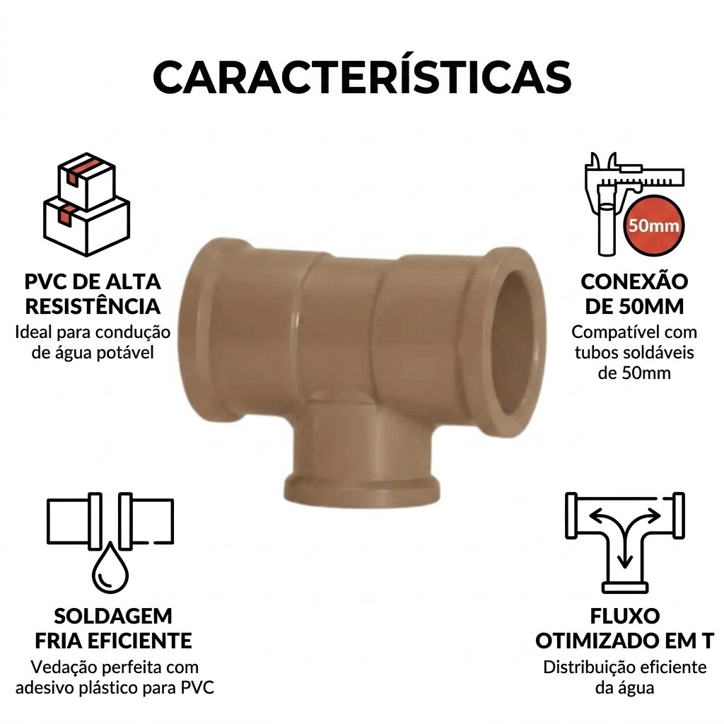 Tee Soldável Pvc Marrom 50mm Agua Fria Conexão Hidráulica Tubos Solda Fria Instalação Predial - Imagem 5