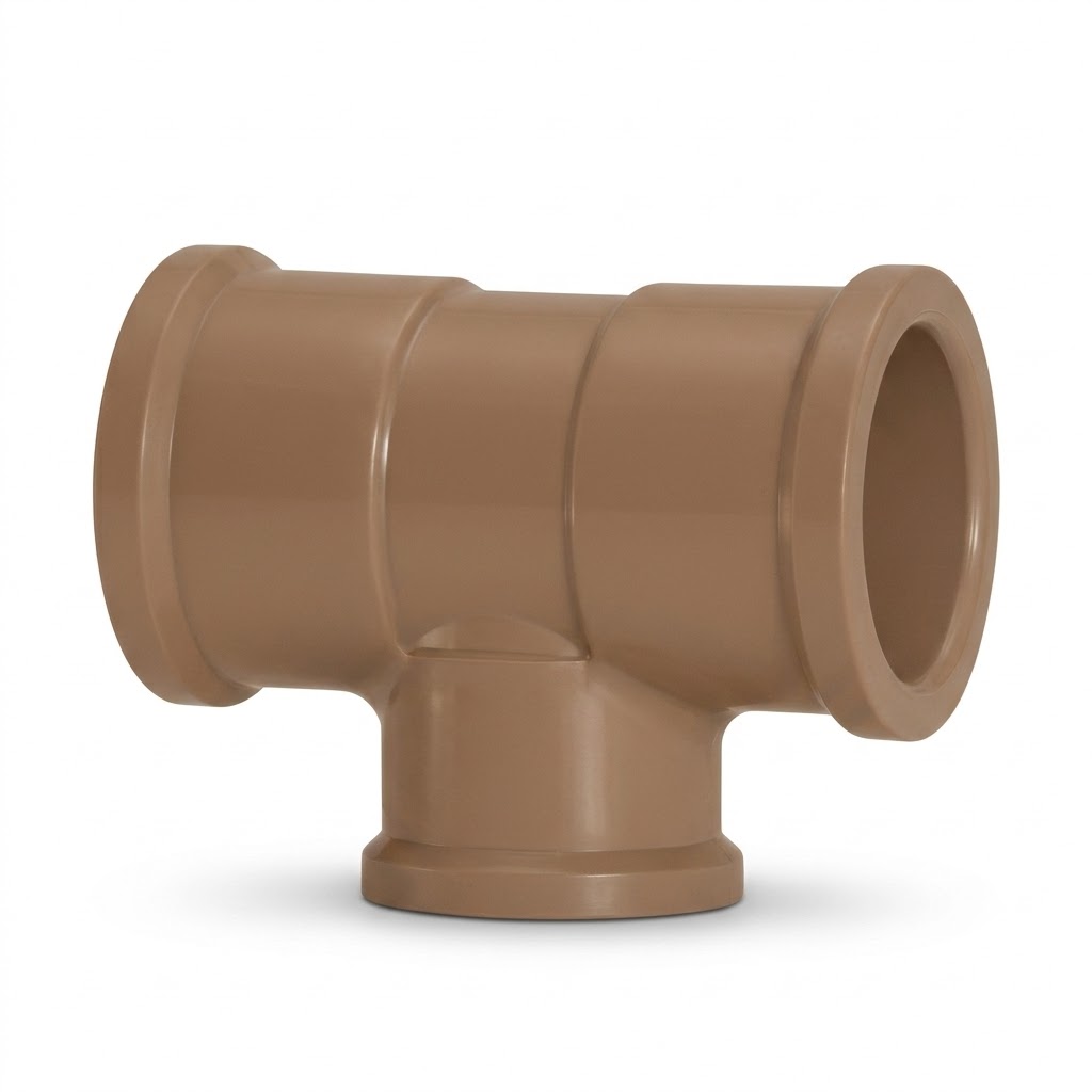 O Tê Soldável PVC Marrom 50mm é uma conexão hidráulica desenvolvida para derivar e distribuir o fluxo em tubulações de água fria potável. Pode ser usado em instalações residenciais, comerciais e prediais, criando ramificações seguras com encaixe soldável e vedação por adesivo plástico para PVC.