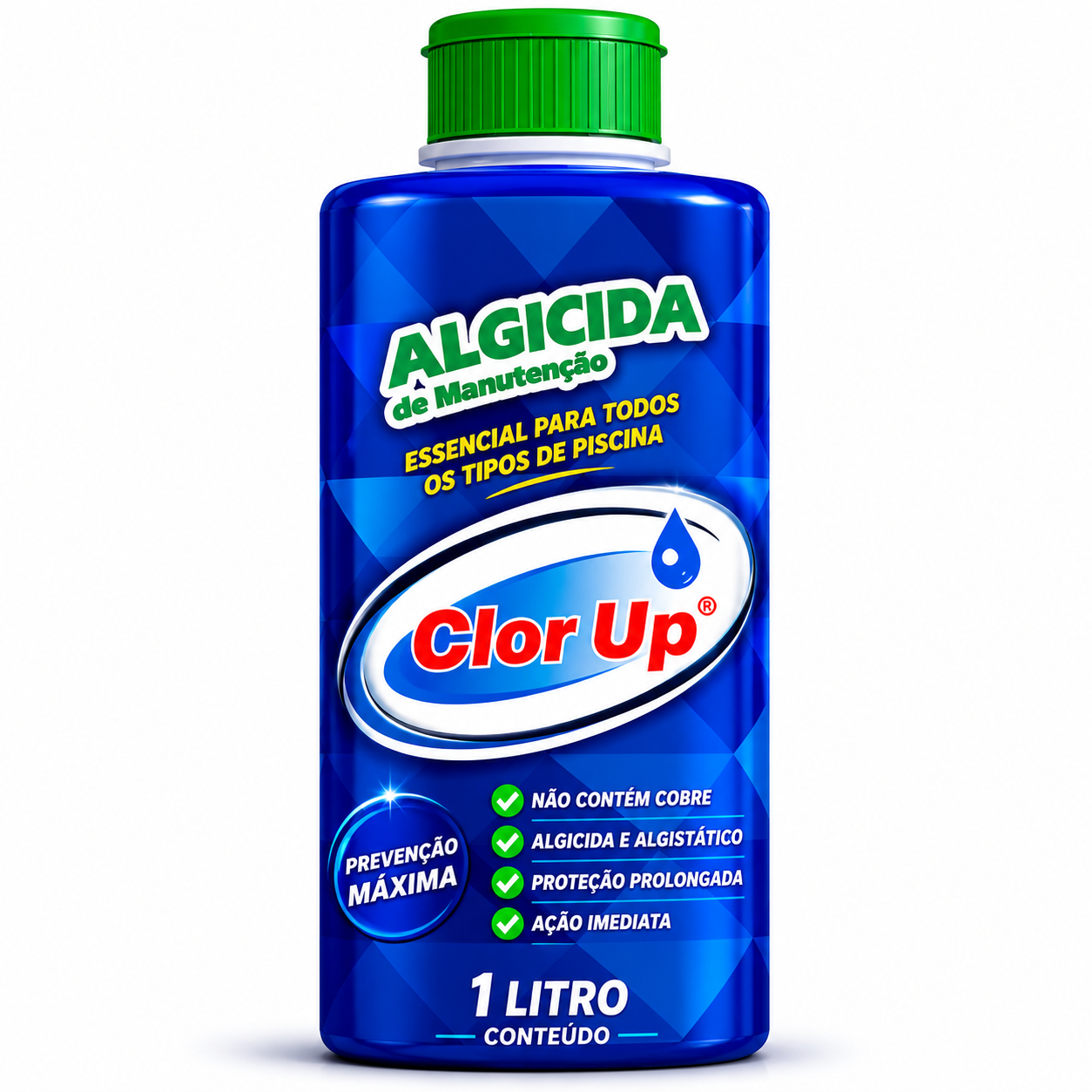 O Algicida Manutenção Clor Up 1 Litro é indicado para prevenção e controle do crescimento de algas em piscinas